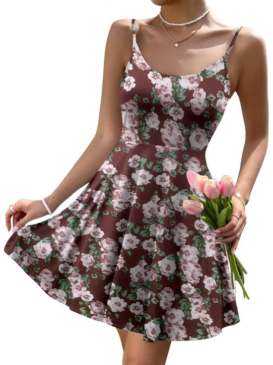 Dresses & Skirts - Women's Wine Red Floral Summer Dress Spaghetti Strap Floral Mini Casual Dress